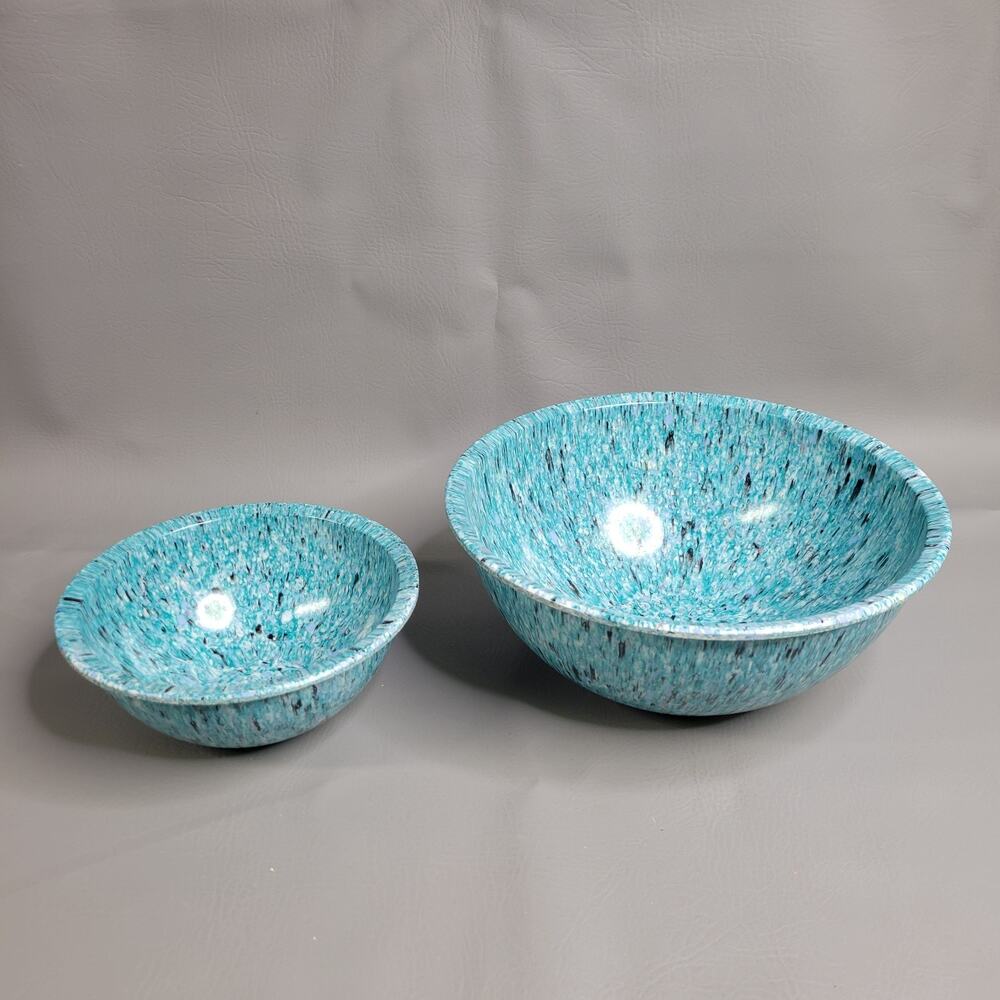 Vintage Brookpark 2 Nesting Bowl 11.5" 8" Blue Teal Confetti